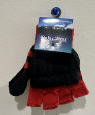 Girls fingerless glove mitten striped red black knitted convertible flip top