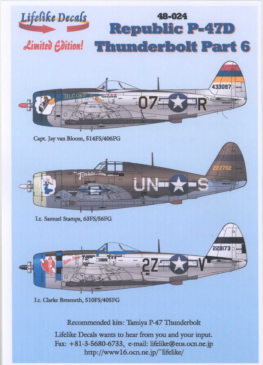 Lifelike 1/48 decal Republic P-47D Thunderbolt Pt 6 for Tamiya - 48-024 Lifelike 1/48 decal Republic P-47D Thunderbolt Pt 6 for Tamiya - 48-024