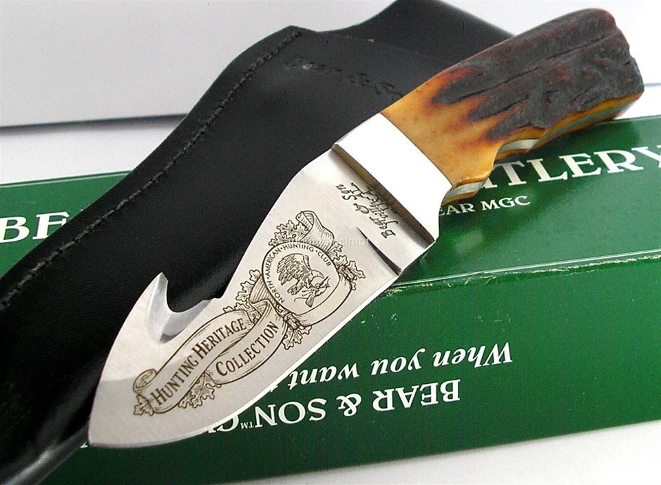 Cuchillo Bear & Son EE. UU. RARO AÑO 2000 NAHC Heritage Guthook hoja fija hueso de ciervo Foto 2 de 4