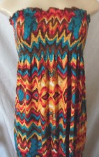 -BROWN GOLD BLUE  WAVY SUMMER ELASTIC DRESS MAXI LONG STRAPLESS SMALL