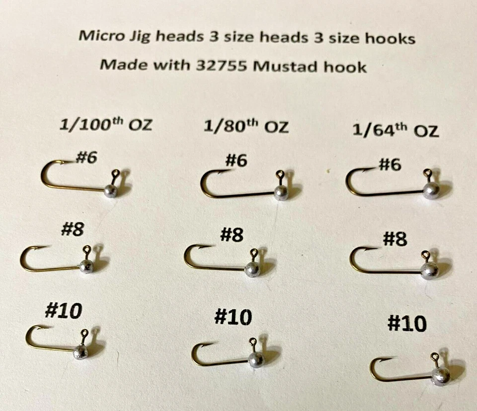 Micro Round Head jigs 1/64oz, 1/80oz and 1/100oz 3 different size Mustad hooks