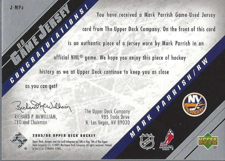 2005-06 Upper Deck Jerseys #JMPA Mark Parrish Jersey (blue) - NM-MT - Image 2 of 2