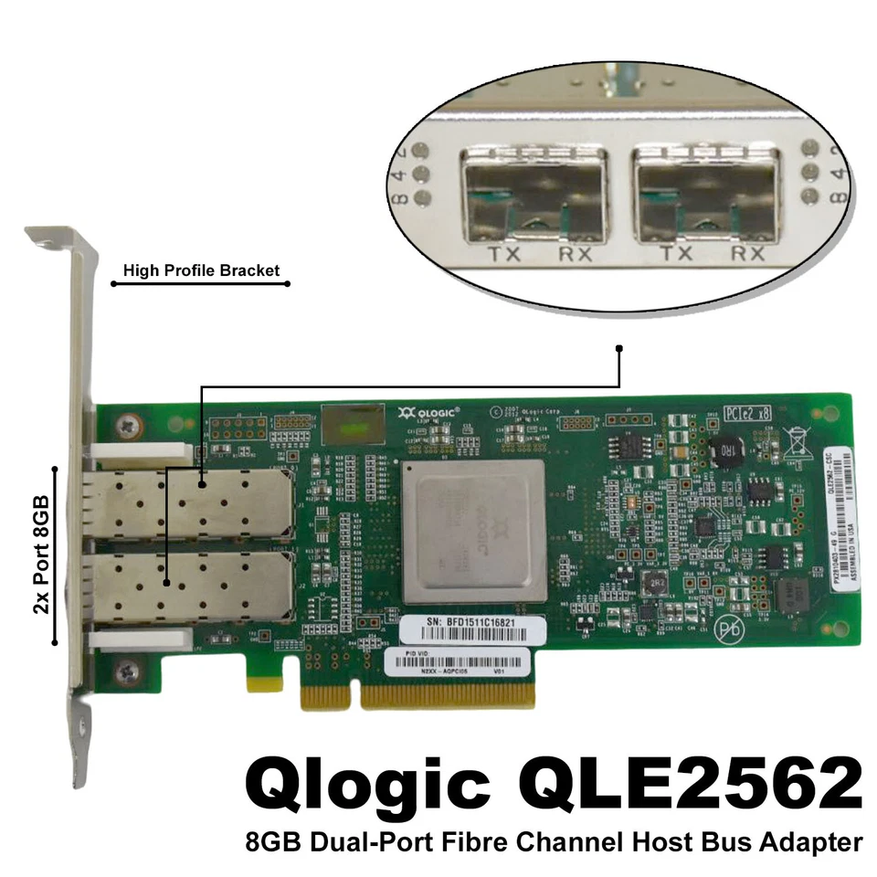 QLogic 8GB FC Dual Port HBA N2XX-AQPCI05 QLE2562-CSC 2-Port Fiber Channel Card - Image 2 of 4