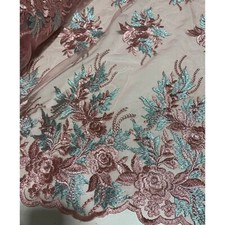 Dusty Rose Pink Sage Green Roses Floral Embroidered Tulle Lace Fabric