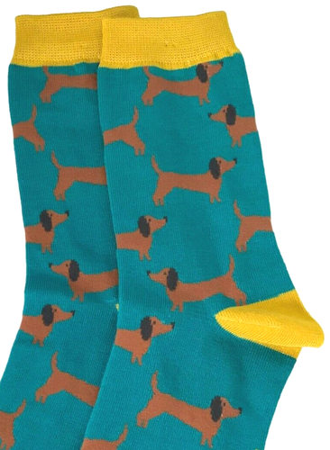 Socks Ladies Blue Yellow Bamboo Dachshunds 3 - 7 - Picture 2 of 6