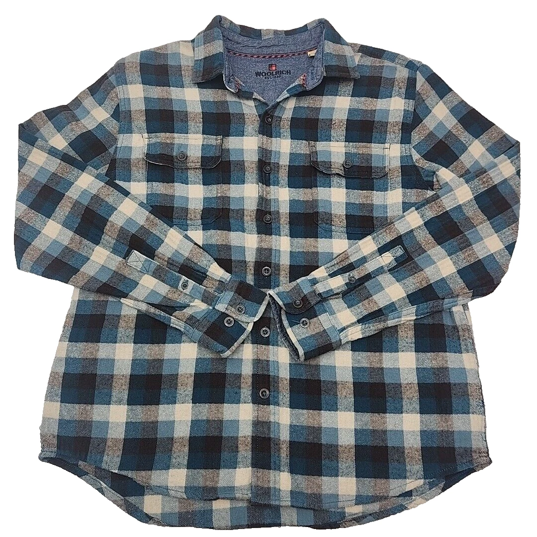 Woolrich Flannel Shirt Men Sz Medium Teal Black Check Plaid Long