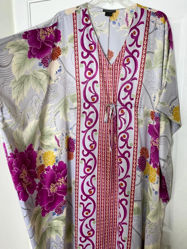 NATORI Floral Print Charmeuse Tie Waist V-Neck Caftan Maxi Dress Night-Gown L - Image 3 of 4