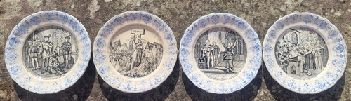 4 Antique Sarreguemines Jeanne d'Arc Talking Plates c.1900 French Faience