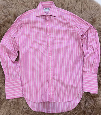 TM Lewin Men Shirt 15 34 Regular Fit Pink White Stripe Two Fold Cotton Dress