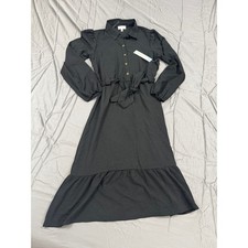 Luxology Womens Black Long Sleeve Tiered Midi Shirtdress with Tie Waist Size M