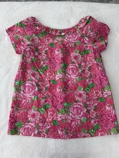 Lilly Pulitzer Pink Floral Button Back Silk Blend Blouse Size 4 E71