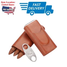 Cigar Case Leather Stainless Cigar Holder Portable Travel Box 3 Cigars W/ Cutter