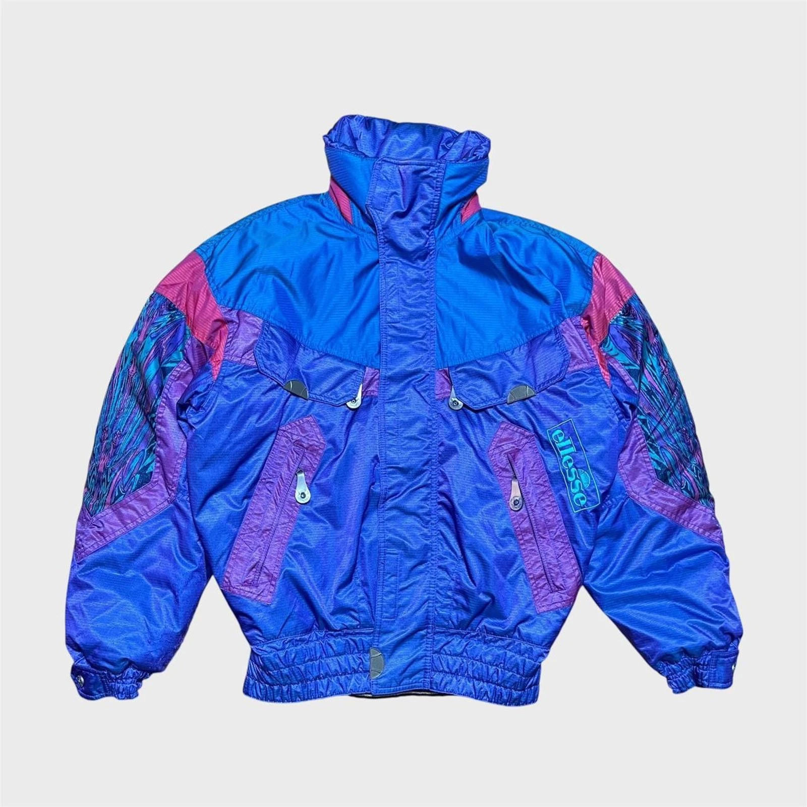 Vintage 90s Ellesse Ski Snow Puffer Jacket Iridescent Pattern Purple Pink L - XL