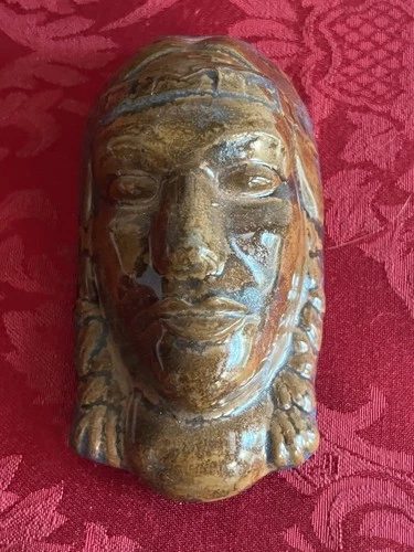 Frankoma Indian Maiden Mask Pottery #6-132 Figurine Brown Green Glaze 1989