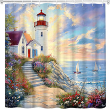 Nautical Coastal Lighthouse Shower Curtain, Sunset Ocean 70"W X 70"L  Beach Cot