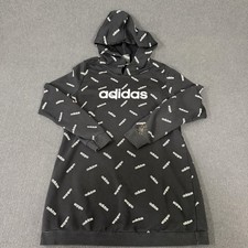 Adidas Hoodie Womens Large Black Longline Allover Logo Pullover Sweatshirt