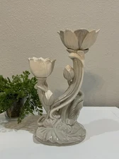 Vtg Takahashi Pottery San Francisco Lotus Floral Cream Taper Two Arm Candelabra