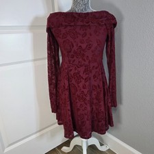 Women's Long Sleeve Mini Fit and Flare Holiday Dress Roses Stretchy Medium 