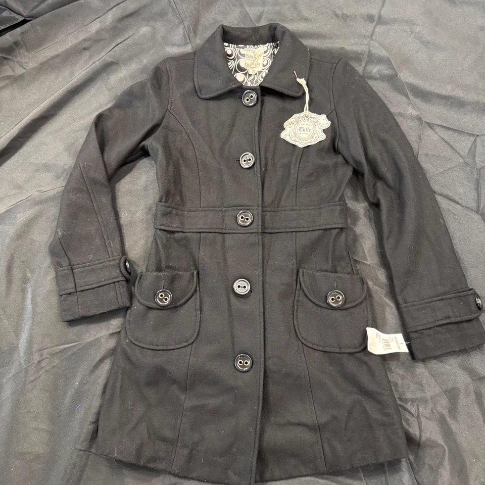 Nuevo Abrigo Chaqueta Tul Negro Mezcla Lana Estilo Trinchera Ajustado Pequeño S Botón Delantero Foto 2 de 4