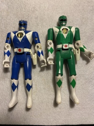 VTG Bandai 1993 Mighty Morphin Power Rangers Blue & Green Flip Head 5.5"   2 Lot