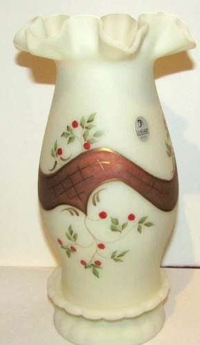 Fenton Art Glass Hand Painted Holly Berries Hurricane Candle Lamp Christmas