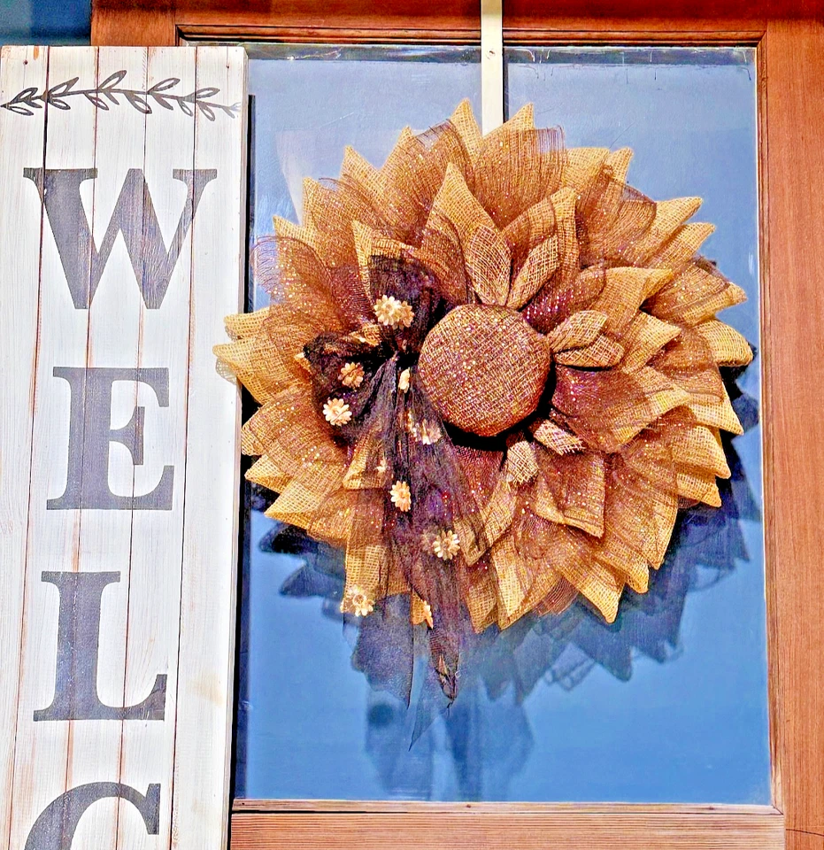 Фермерский домик мешковина венок из подсолнечника - ручной работы деревенский подсолнечник - осенний венок - Изображение 4 из 4