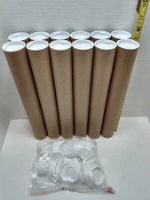 12 Pcs Kraft Mailing Tube, 2" x 14" Interior, All With Caps + 41 Pc Extra Caps