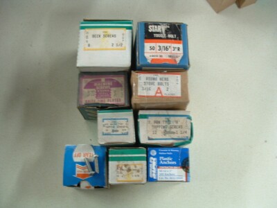 HUGE ASSORTMENT OF 9 BOXES OF TOGGLE, STOVE BOLTS, DECK, TAP, + MACHINE SCREWS