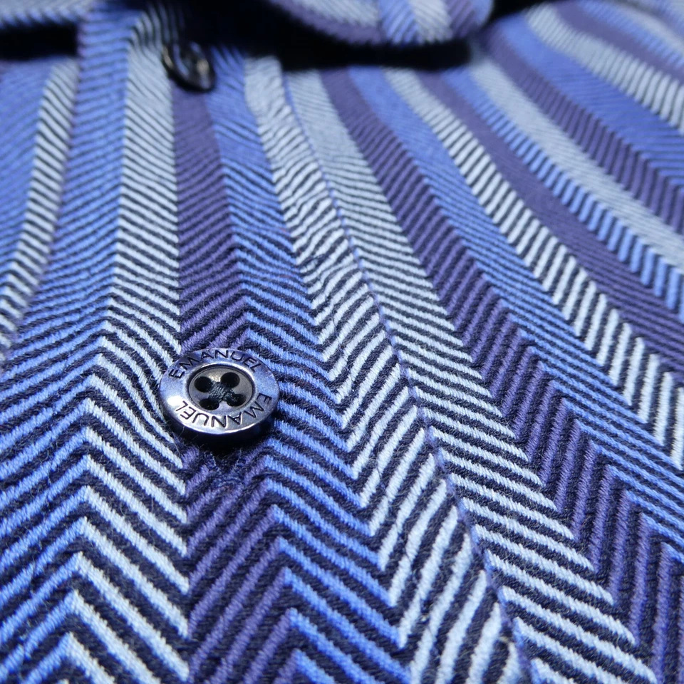 Emanuel Ungaro Shirt Mens Large Blue Herringbone Cotton Button Up Dress - Image 4 of 4