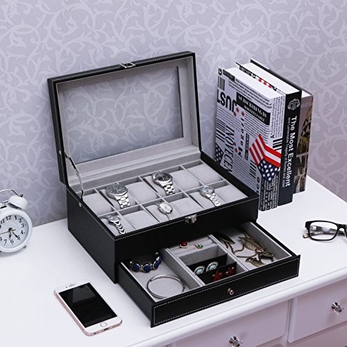 Watch Box Organizer 12 Case Black PU Leather Jewelry Display Drawer Glass Top - Picture 2 of 6