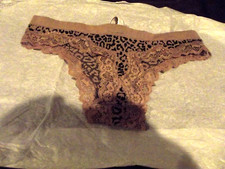 VICTORIA'S SECRET TAN BLACK LEOPARD LOGO STRETCH  THONG PANTIES Large