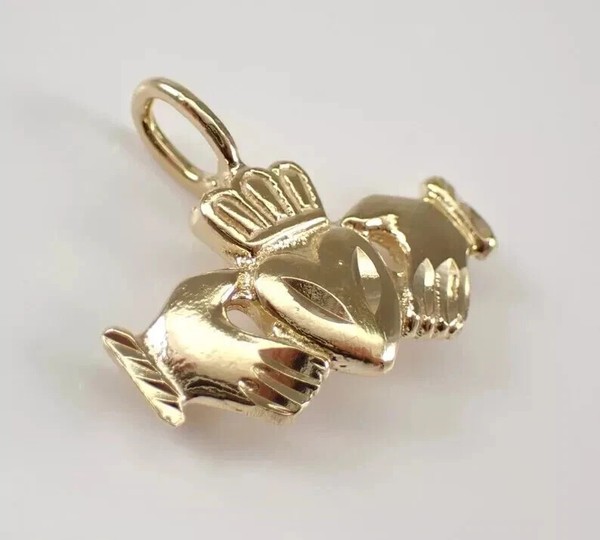 Alternate view of Vintage Claddagh Hands Holding Heart Charm Pendant 14k Yellow Gold Plated Silver