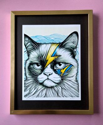 AIDAN FLUX | Hand Signed Original Print Framed LtdEd COA '' DAVID BOWIE CAT ''
