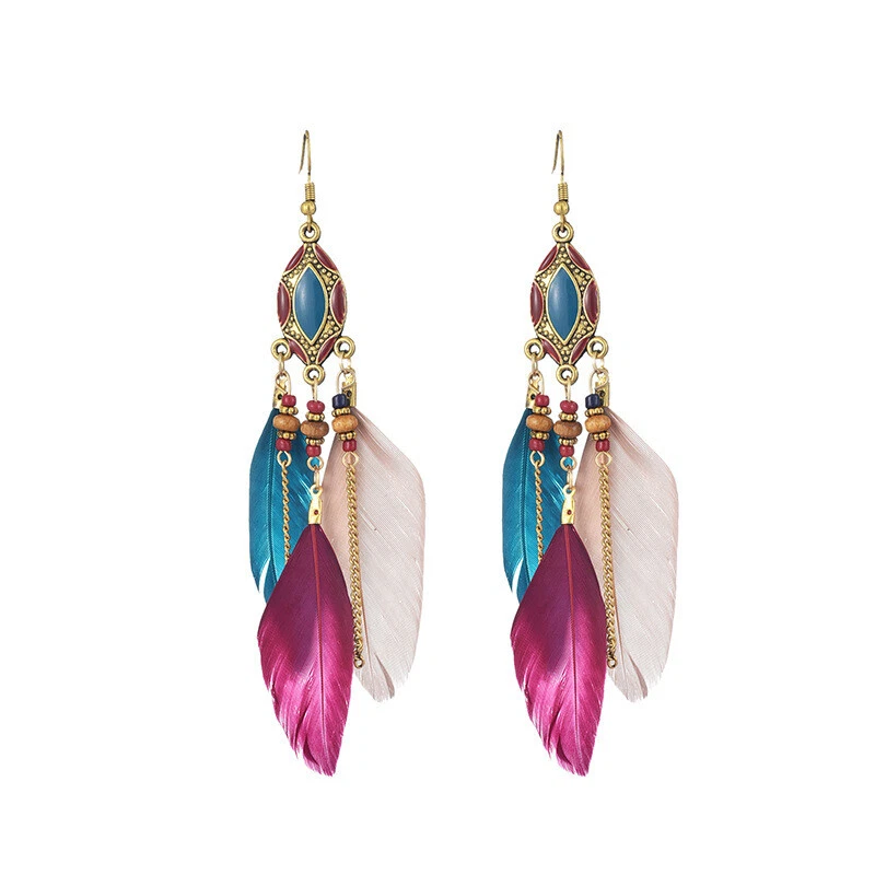 Boho Earrings Feather Tassel Drop Earrings Round Earings Charm Oil Dripping - Image 4 of 4