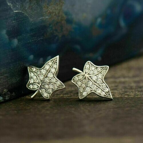 2Ct Round Cut Leaf Stud Earrings in 14K White Gold Plated with Simulated Diamond