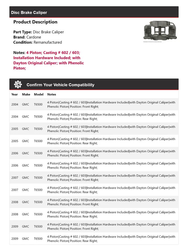 Pinza de freno de disco Cardone para GMC T6500 2004-2009 2005 2006 2007 2008 Foto 2 de 4