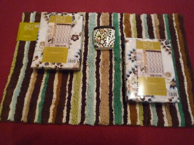 4 Piece Bathroom Set Loft Style 2 Paisley Shower Curtains & Holder & Stripe Rug