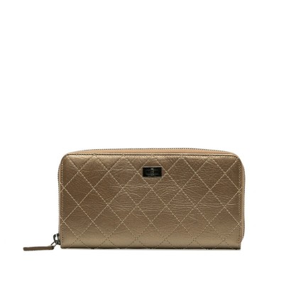 Chanel Matelasse 2.55 Bronze Round Zipper Long Wallet Gold Leather 