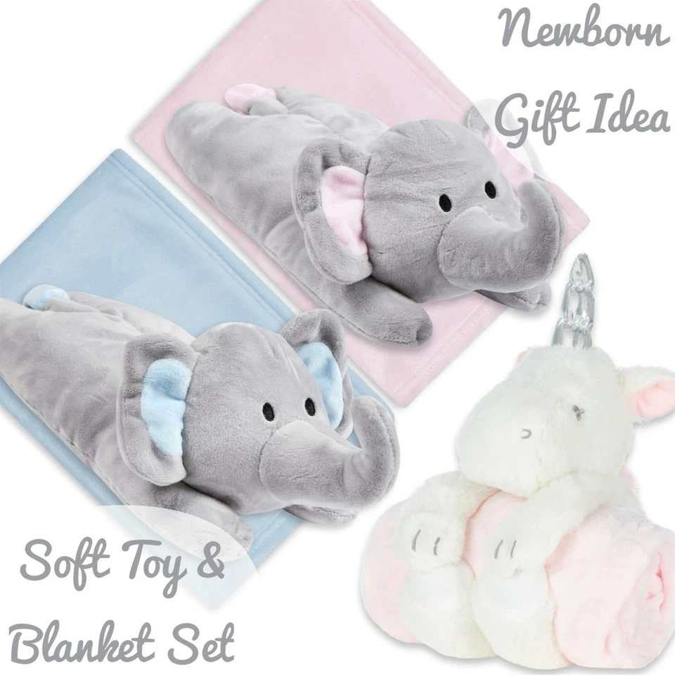 STYLE IT UP Newborn Baby Unisex Elephant Unicorn Teddy Soft Fleece Blanket Comfort 2in1 Set
