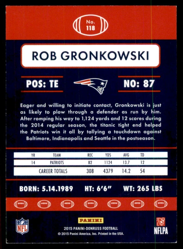 2015 Donruss Rob Gronkowski New England Patriots #118 - Image 2 of 2