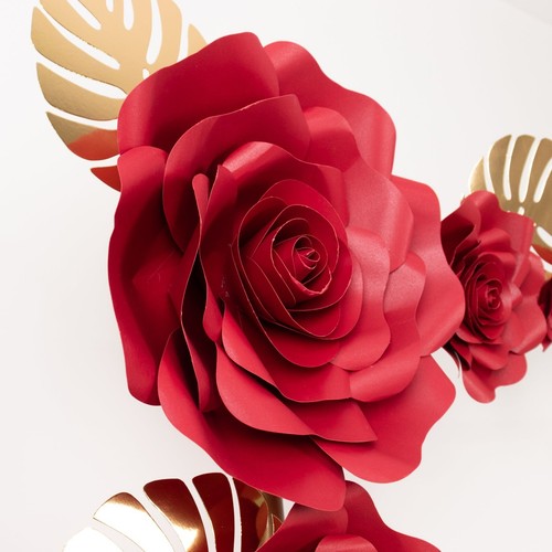 9 RED 3D Rose Paper Flowers with Gold Monstera Leaves Wedding Decorations - Picture 7 of 8