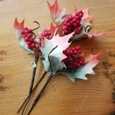3 Holiday Red Berry and Multi-Color Holly Artificial Stems--Floral Arranging