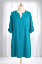 L.L.Bean Popover Dress Lightweight Casual Teal V-Neck Roll Tab Sleeve Size L