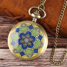 Blue Crystal Flower Pendant 80CM Chain Womens Quartz Pocket Watch Necklace Gift