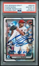 CHASE BURNS SIGNED 2024 BOWMAN CHROME REFRACTOR 1ST ROOKIE RC GEM PSA 10 AUTO 10