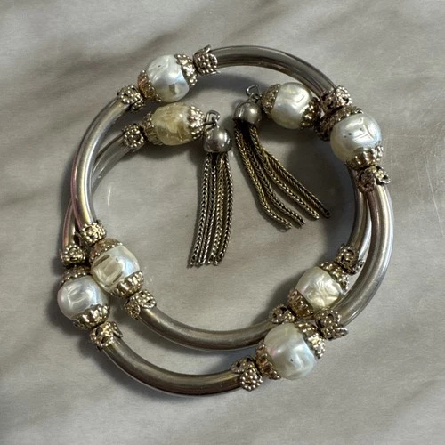Unmarked Miriam Haskell Bracelet Silver Tone Faux Pearl Wrap Coil Tassel Baroque
