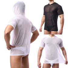 Mens See-through Mesh Hooded T-Shirts Short Sleeve Loose Fit Breathable Gym Tops