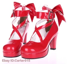 Many Jane Lolita Block Mid Heel Shoes Womens Platform Cross Ankle Strap Bowknot