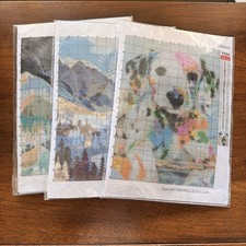 Lot of 3 Stamped Cross Stitch Kits Dog Mountains Raven Unused