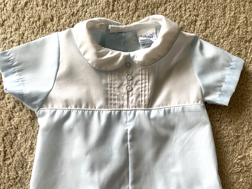 Mameluco vintage Alexis bebé niño azul blanco manga corta talla 6 meses Foto 2 de 3